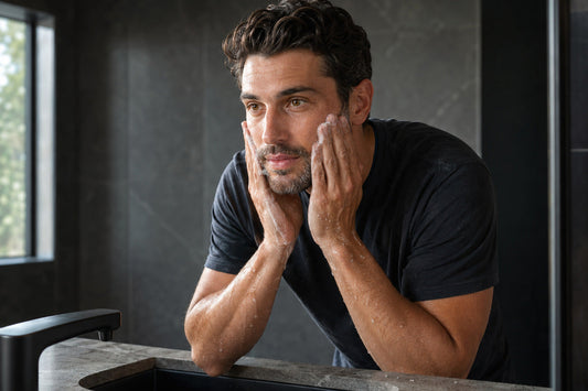 Man washing his face as part of a simple skincare routine for oily skin